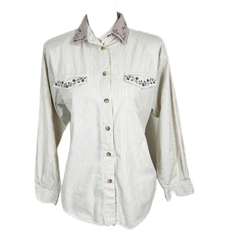 Capacity Button Down Shirt Women Large Petite Brown Striped Long Sleeve Vintage
